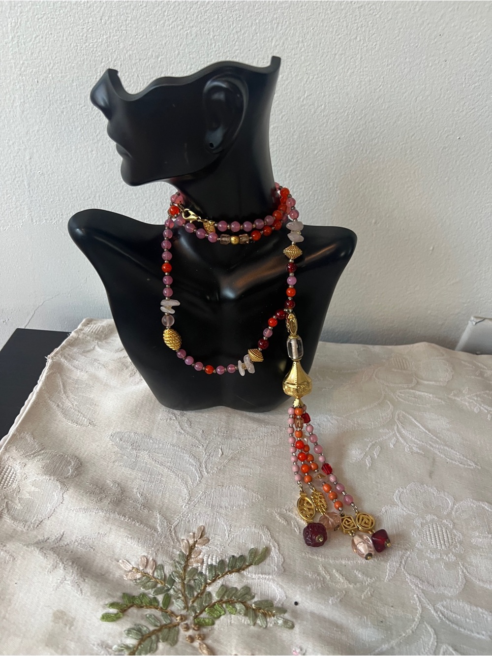 Diane Von Furstenberg Pink Orange Glass Bead Tassel Gold Toned DVF